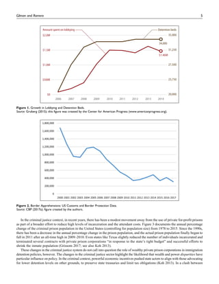 In the criminal justice context, in recent years, there has been a modest movement away from the use of private for-profit prisons
as part of a broader effort to reduce high levels of incarceration and the attendant costs. Figure 3 documents the annual percentage
change of the criminal prison population in the United States (controlling for population size) from 1978 to 2015. Since the 1990s,
there has been a decrease in the annual percentage change in the prison population, and the actual prison population finally began to
fall in 2011 after an all-time high in 2009–2010. Even states like Texas slightly reduced the number of individuals incarcerated and
terminated several contracts with private prison corporations “in response to the state’s tight budget” and successful efforts to
shrink the inmate population (Grissom 2017; see also Koh 2013).
These changes in the criminal justice system do not call into question the role of wealthy private prison corporations in immigration
detention policies, however. The changes in the criminal justice sector highlight the likelihood that wealth and power disparities have
particular influence on policy. In the criminal context, powerful economic incentives pushed state actors to align with those advocating
for lower detention levels on other grounds, to preserve state treasuries and limit tax obligations (Koh 2013). In a clash between
$0
$500K
$1.0M
$1.5M
$2.0M
20,000
23,750
27,500
31,250
35,000
2006 2007 2008 2009 2010 2011 2012 2013 2014
Detention bedsAmount spent on lobbying
34,000
$1.46M
Figure 1. Growth in Lobbying and Detention Beds.
Source: Gruberg (2015); this figure was created by the Center for American Progress (www.americanprogress.org).
Figure 2. Border Apprehensions: US Customs and Border Protection Data.
Source: CBP (2017a); figure created by the authors.
Gilman and Romero 5
 