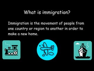 What is immigration?
Immigration is the movement of people from
one country or region to another in order to
make a new home.
 