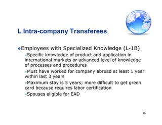 16
L Intra-company Transferees
Employees with Specialized Knowledge (L-1B)
Specific knowledge of product and application in
international markets or advanced level of knowledge
of processes and procedures
Must have worked for company abroad at least 1 year
within last 3 years
Maximum stay is 5 years; more difficult to get green
card because requires labor certification
Spouses eligible for EAD
 