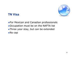 19
TN Visa
For Mexican and Canadian professionals
Occupation must be on the NAFTA list
Three year stay, but can be extended
No cap
 