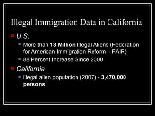 Illegal Immigration   Data in California <ul><li>U.S. </li></ul><ul><ul><li>More than  13 Million  Illegal Aliens (Federat...