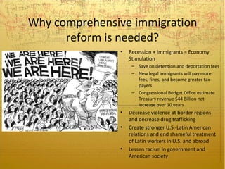 Why comprehensive immigration
      reform is needed?
               •   Recession + Immigrants = Economy
                   Stimulation
                    – Save on detention and deportation fees
                    – New legal immigrants will pay more
                      fees, fines, and become greater tax-
                      payers
                    – Congressional Budget Office estimate
                      Treasury revenue $44 Billion net
                      increase over 10 years
               •   Decrease violence at border regions
                   and decrease drug trafficking
               •   Create stronger U.S.-Latin American
                   relations and end shameful treatment
                   of Latin workers in U.S. and abroad
               •   Lessen racism in government and
                   American society
 