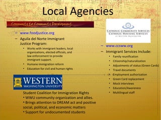 Local Agencies
– www.foodjustice.org
– Aguila del Norte Immigrant
  Justice Program:                                 – www.ccsww.org
    • Works with immigrant leaders, local
      organizations, elected officials, and        – Immigrant Services Include:
      law enforcement to provide                       •   Family reunification
      immigrant support.                               •   Citizenship/naturalization
    • Humane immigration reform                        •   Adjustments of status (Green Cards)
    • Education for civil and human rights             •   Travel documents
                                                       •   Employment authorization
                                                       •   Green Card replacement
                                                       •   Mock interviews
                                                       •   Education/Awareness
    Student Coalition for Immigration Rights           •   Multilingual staff
    • WWU community organization and allies.
    • Brings attention to DREAM act and positive
    social, political, and economic matters
    • Support for undocumented students
 