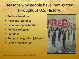 Reasons why people have immigrated
         throughout U.S. History:
  •   Political freedom
  •   Religious tolerance
  •   Economic opportunities
  •   Political refugees
  •   Freedom
  •   Forced Immigration (slavery)
  •   Family reunification


(L. Samusenko, personal communication, April 8, 2010)
 
