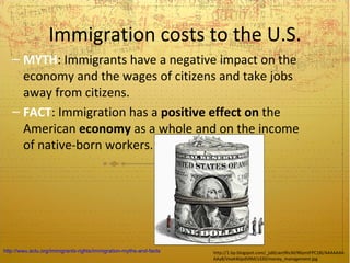 Immigration costs to the U.S.
   – MYTH: Immigrants have a negative impact on the
     economy and the wages of citizens and take jobs
     away from citizens.
   – FACT: Immigration has a positive effect on the
     American economy as a whole and on the income
     of native-born workers.




http://wwu.aclu.org/immigrants-rights/immigration-myths-and-facts   http://1.bp.blogspot.com/_js6Ecwn9hcM/R6ymiFPC18I/AAAAAAA
                                                                    AAy8/VeaK4Gpd5RM/s320/money_management.jpg
 