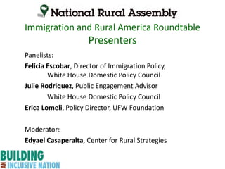 Immigration and Rural America Roundtable
Presenters
Panelists:
Felicia Escobar, Director of Immigration Policy,
White House Domestic Policy Council
Julie Rodriquez, Public Engagement Advisor
White House Domestic Policy Council
Erica Lomeli, Policy Director, UFW Foundation
Moderator:
Edyael Casaperalta, Center for Rural Strategies
 