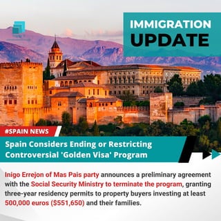 IMMIGRATION
UPDATE
Inigo Errejon of Mas Pais party announces a preliminary agreement
with the Social Security Ministry to terminate the program, granting
three-year residency permits to property buyers investing at least
500,000 euros ($551,650) and their families.
 