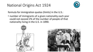 formula for immigration quotas (limits) in the U.S.:
• number of immigrants of a given nationality each year
could not exceed 2% of the number of people of that
nationality living in the U.S. in 1890.
National Origins Act 1924
 