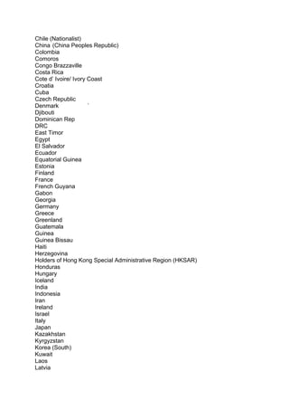 Chile (Nationalist)
China (China Peoples Republic)
Colombia
Comoros
Congo Brazzaville
Costa Rica
Cote d’ Ivoire/ Ivory Coast
Croatia
Cuba
Czech Republic
Denmark `
Djibouti
Dominican Rep
DRC
East Timor
Egypt
El Salvador
Ecuador
Equatorial Guinea
Estonia
Finland
France
French Guyana
Gabon
Georgia
Germany
Greece
Greenland
Guatemala
Guinea
Guinea Bissau
Haiti
Herzegovina
Holders of Hong Kong Special Administrative Region (HKSAR)
Honduras
Hungary
Iceland
India
Indonesia
Iran
Ireland
Israel
Italy
Japan
Kazakhstan
Kyrgyzstan
Korea (South)
Kuwait
Laos
Latvia
 