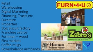 Retail
Warehousing
Digital Marketing
Financing, Trusts etc
Furniture
Properties
Dog Biscuit factory
Franchise zebros
Furnman – wood
Flea markets
Coffee mugs
Powerbalance armbands
 