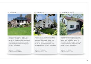 Bad Urach                                   Großbottwar                                    Marbach am Neckar




Repräsentatives Anwesen, Baujahr 1976,      Exklusive Villa mit Einliegerwohnung und       Gepflegtes Einfamilienhaus mit Einlieger­
Grundstück ca. 4.048 m², Wohnfläche         1-Zimmer-Appartement in unverbaubarer          wohnung in ruhiger, gefragter Wohnlage,
ca. 383 m², ruhige Lage, S/W-Ausrichtung,   Wohn- und Aussichtslage, Baujahr 1988,         Baujahr 1987, Grundstück ca. 631 m²,
Top-Zustand, Schwimmbad, Terrassen,         Grundstück ca. 899 m², Wohnfläche              Wohnfläche ca. 283 m², guter Erhaltungs­
schön angelegter Garten, Doppelgarage.      ca. 362 m², neuwertiger Zustand, hoch­         zustand, vorbereitetes Hallenbad, große
Frei nach Vereinbarung.                     wertig ausgestattet. Frei nach Vereinbarung.   G
                                                                                           ­ arage. Frei nach Vereinbarung.



Kaufpreis: € 1.500.000,–                    Kaufpreis: € 850.000,–                         Kaufpreis: € 745.000,–
Ihr Berater: Friedwalt Böhm                 Ihr Berater: Thomas Fink                       Ihr Berater: Thomas Fink




                                                                                                                                       27
 