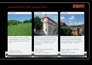 Weitere Immobilien­

Grundstücke und vermietung.                                                                                              angebote




  Donzdorf                                        Esslingen                                 Esslingen




Traumhaftes Baugrundstück in unverbau­          Erstbezug nach Kernsanierung: Exklusive   Erstbezug nach Kernsanierung: Exklusive
barer Aussichtslage, ca. 2.100 m² – 3.700 m²,   4-Zimmer-Wohnung, Baujahr 1923, Wohn­     3-Zimmer-Maisonettewohnung, Baujahr
mit Entwurfsplanung für 2 Mehrfamilien­         fläche ca. 125 m², Raumhöhe ca. 3,40 m,   1923, Wohnfläche ca. 125 m², Einbauküche,
häuser.                                         Einbauküche, Parkettboden, Garage.        Parkettboden, Garage. Frei 08/2012.
                                                Frei 08/2012.



                                                Miete: € 1.380,– zzgl. Nebenkosten, ­     Miete: € 1.380,– zzgl. Nebenkosten, ­
Kaufpreis: auf Anfrage                          Kaution, Provision                        Kaution, Provision
Ihre Beraterin: Andrea Bülow                    Ihre Beraterin: Andrea Bülow              Ihre Beraterin: Andrea Bülow




                                                                                                                                               37
 