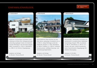 Weitere Immobilien­

EinFamilienhäuser.                                                                                                       angebote




  Schorndorf                                    Murrhardt                                     Winterbach




Modernes, hochwertiges Architekten-Einfa­     Herrschaftliches Villen-Anwesen aus den       Hochwertiges, individuelles Architekten-Ein­
milienhaus mit Büro bzw. Einliegerwohnung,    20er Jahren, parkartiges Grundstück mit ca.   familienhaus in wunderschöner Halbhöhen-
aufwendig angelegter Garten mit Zierteich,    2.728 m², ruhige Wohnlage unweit der          Aussichtslage, Baujahr 1983, Grundstück
zentrale Wohnlage in der Kernstadt, Baujahr   Stadtmitte, Baujahr ca. 1926, Wohnfläche      ca. 485 m², Wohnfläche ca. 209 m², 6,5
2004, Grundstück ca. 720 m², Wohnfläche       ca. 500 m², Kubatur ca. 2.500 m³, einfacher   Zimmer, sehr gute, zeitlose Ausstattung,
ca. 308 m², 8,5 Zimmer, Doppelgarage.         Gesamtzustand, vielfältige Nutzungs- und      b
                                                                                            ­ ester Gesamtzustand, Doppelgarage mit
                                              Entwicklungsmöglichkeiten.                    direktem Hauszugang.


Kaufpreis: auf Anfrage                        Kaufpreis: auf Anfrage                        Kaufpreis: € 535.000,–
Ihr Berater: Thomas Brandl                    Ihr Berater: Thomas Brandl                    Ihr Berater: Thomas Brandl




                                                                                                 Immobilienangebote Remstal                    41
 