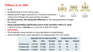 Gilbeau et al, 2001
o N=30
o Randomized to 3, 4 & 5 clamp mask
o Weekly portal images acquired for 3 fictitious isocentres –
at the level of head, the neck and the shoulders
o For HN isocentres, No substantial difference in the setup deviation amongst
the masks.
o Setup reproducibility significantly worse at the shoulders with 3 cl. mask.
o 1 SD of 2.3 mm vs 0.8 mm vs 1.2 mm for 3, 4 & 5 PF masks
o Conclusions:
o Thermoplastic masks provide an accurate patient immobilization.
o At the shoulder level, setup variations are reduced with 4 or 5 PF masks
Systematic 3D error mean (mm) (SD) Random 3D error (mm)
Head Neck Shoulder Head Neck Shoulder
3 Clamp mask 3.1 (1.0) 2.3 (0.8) 2.5 (1.2) 0.7 0.9 2.3
4 clamp mask 2.4 (0.8) 1.7 (1.0) 3.7 (1.1) 0.9 1.0 0.8
5 clamp mask 2.4 (0.9) 2.2 (1.0) 2.8 (1.1) 1.0 1.0 1.2
 