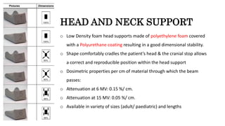 HEAD AND NECK SUPPORT
o Low Density foam head supports made of polyethylene foam covered
with a Polyurethane coating resulting in a good dimensional stability.
o Shape comfortably cradles the patient’s head & the cranial stop allows
a correct and reproducible position within the head support
o Dosimetric properties per cm of material through which the beam
passes:
o Attenuation at 6 MV: 0.15 %/ cm.
o Attenuation at 15 MV: 0.05 %/ cm.
o Available in variety of sizes (adult/ paediatric) and lengths
 