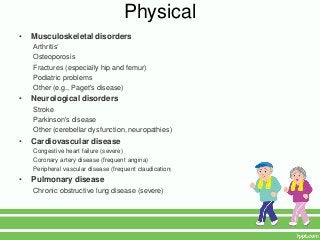 Physical
•   Musculoskeletal disorders
    Arthritis‘
    Osteoporosis
    Fractures (especially hip and femur)
    Podiatric problems
    Other (e.g., Paget's disease)
•   Neurological disorders
    Stroke
    Parkinson's disease
    Other (cerebellar dysfunction, neuropathies)
•   Cardiovascular disease
    Congestive heart failure (severe)
    Coronary artery disease (frequent angina)
    Peripheral vascular disease (frequent claudication)
•   Pulmonary disease
    Chronic obstructive lung disease (severe)
 