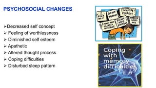 PSYCHOSOCIAL CHANGES
Decreased self concept
 Feeling of worthlessness
 Diminished self esteem
 Apathetic
 Altered thought process
 Coping difficulties
 Disturbed sleep pattern
 