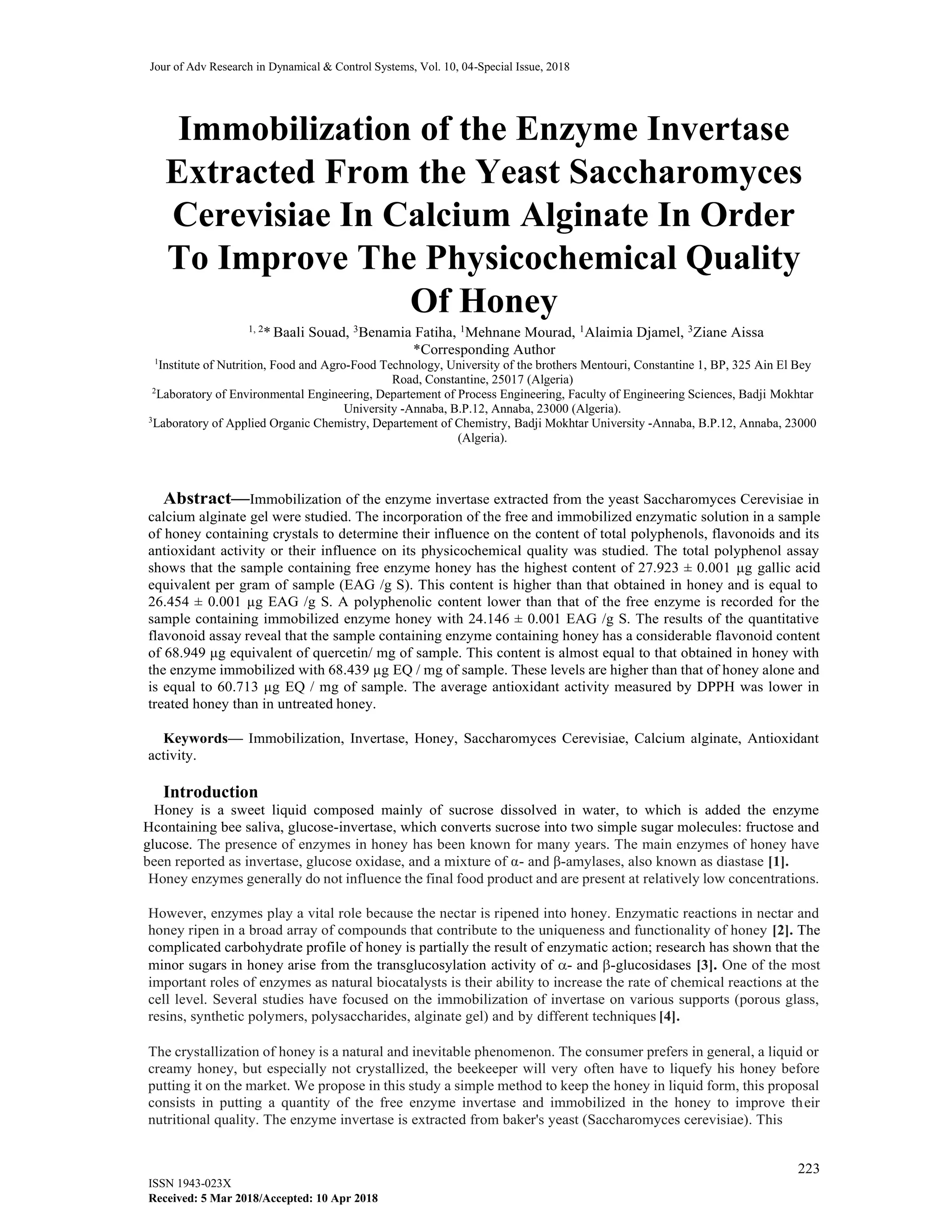 Immobilization of the enzyme invertase extracted from the yeast ...