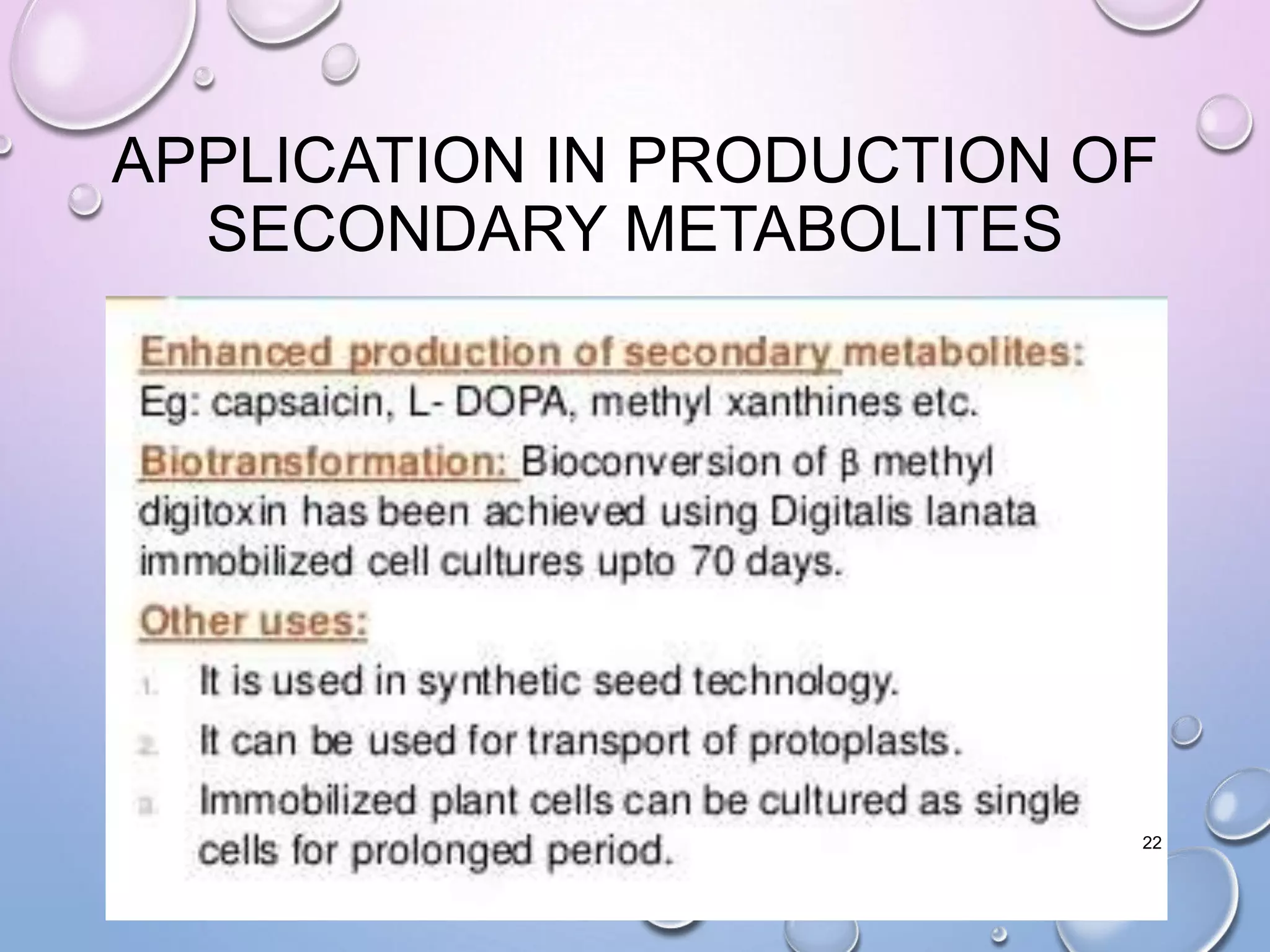 APPLICATION IN PRODUCTION OF
SECONDARY METABOLITES
22
 