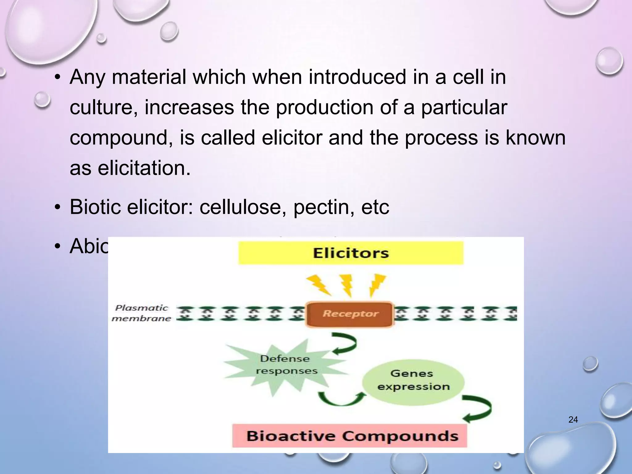 • Any material which when introduced in a cell in
culture, increases the production of a particular
compound, is called elicitor and the process is known
as elicitation.
• Biotic elicitor: cellulose, pectin, etc
• Abiotic elicitor: pH, Cu2+, Cd2+, etc.
24
 