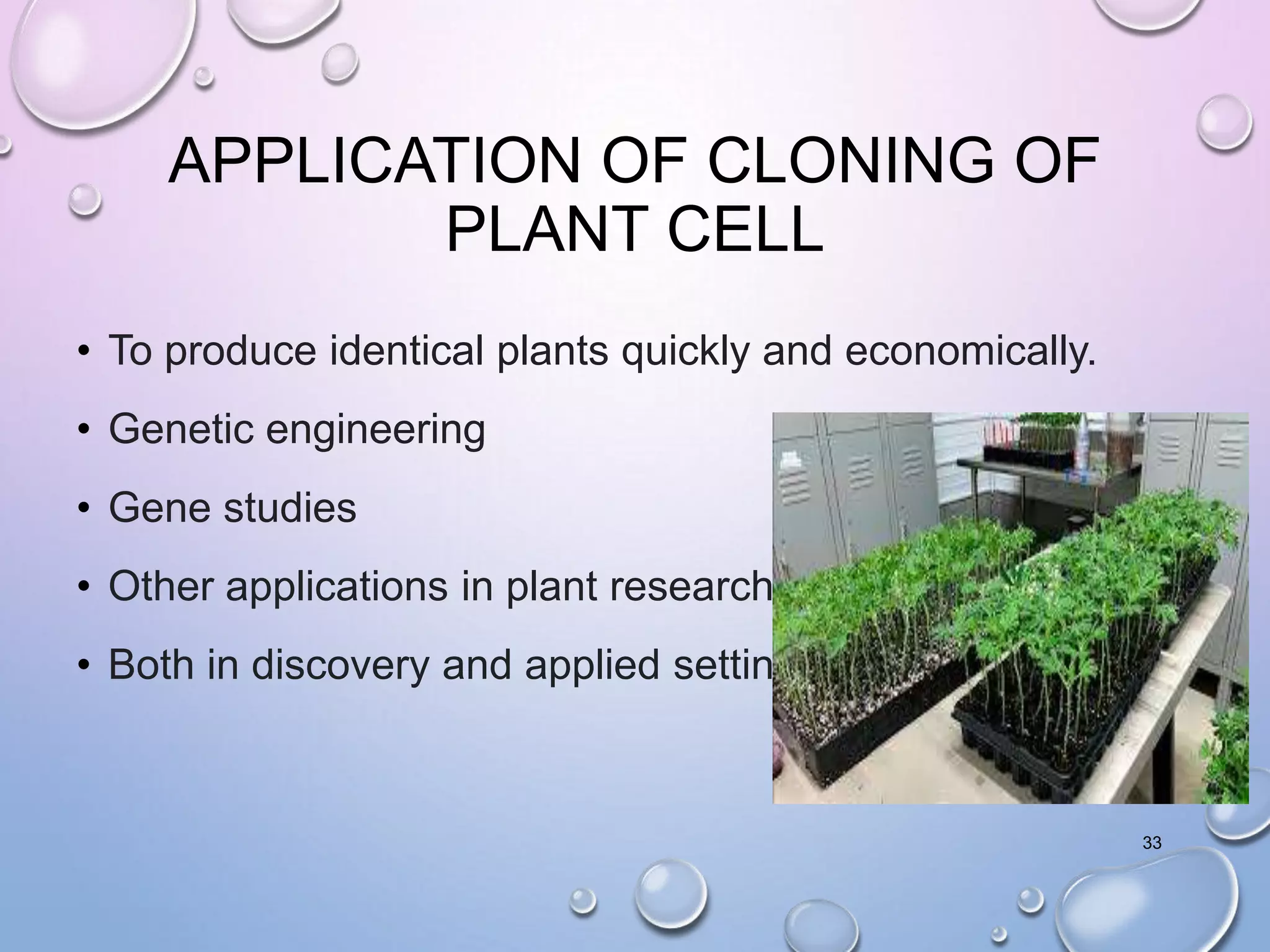 APPLICATION OF CLONING OF
PLANT CELL
• To produce identical plants quickly and economically.
• Genetic engineering
• Gene studies
• Other applications in plant research
• Both in discovery and applied settings.
33
 