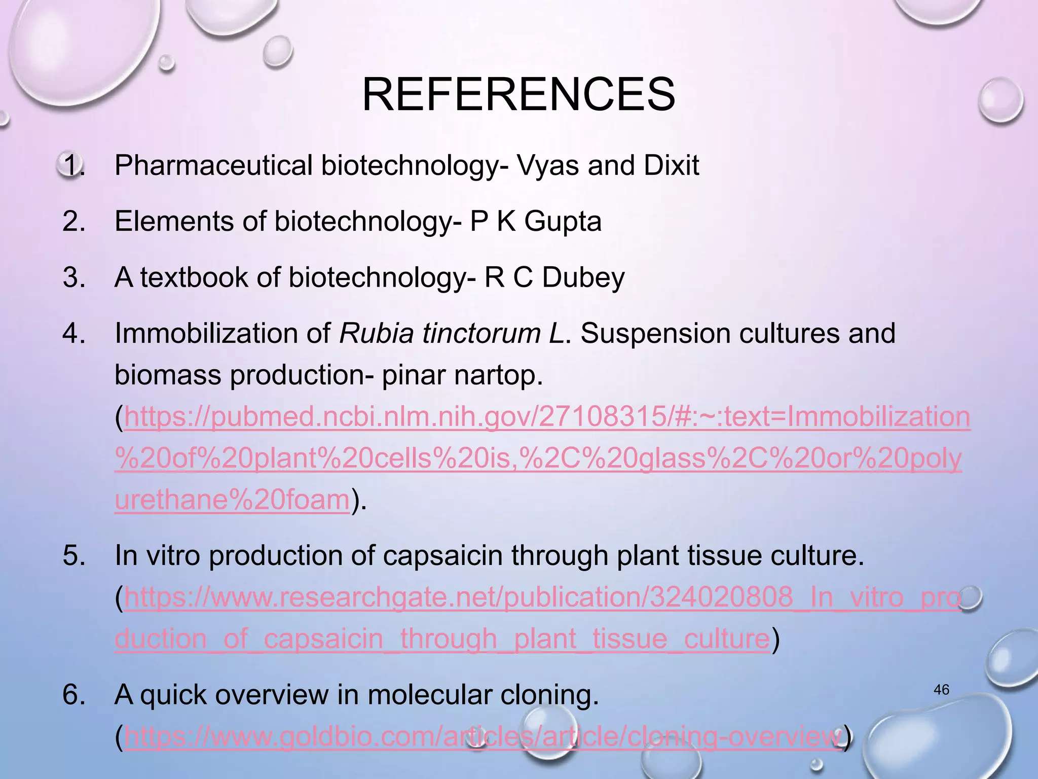 REFERENCES
1. Pharmaceutical biotechnology- Vyas and Dixit
2. Elements of biotechnology- P K Gupta
3. A textbook of biotechnology- R C Dubey
4. Immobilization of Rubia tinctorum L. Suspension cultures and
biomass production- pinar nartop.
(https://pubmed.ncbi.nlm.nih.gov/27108315/#:~:text=Immobilization
%20of%20plant%20cells%20is,%2C%20glass%2C%20or%20poly
urethane%20foam).
5. In vitro production of capsaicin through plant tissue culture.
(https://www.researchgate.net/publication/324020808_In_vitro_pro
duction_of_capsaicin_through_plant_tissue_culture)
6. A quick overview in molecular cloning.
(https://www.goldbio.com/articles/article/cloning-overview)
46
 