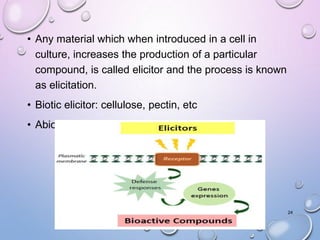 • Any material which when introduced in a cell in
culture, increases the production of a particular
compound, is called elicitor and the process is known
as elicitation.
• Biotic elicitor: cellulose, pectin, etc
• Abiotic elicitor: pH, Cu2+, Cd2+, etc.
24
 
