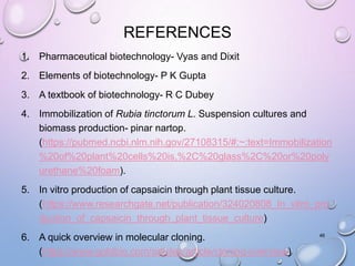 REFERENCES
1. Pharmaceutical biotechnology- Vyas and Dixit
2. Elements of biotechnology- P K Gupta
3. A textbook of biotechnology- R C Dubey
4. Immobilization of Rubia tinctorum L. Suspension cultures and
biomass production- pinar nartop.
(https://pubmed.ncbi.nlm.nih.gov/27108315/#:~:text=Immobilization
%20of%20plant%20cells%20is,%2C%20glass%2C%20or%20poly
urethane%20foam).
5. In vitro production of capsaicin through plant tissue culture.
(https://www.researchgate.net/publication/324020808_In_vitro_pro
duction_of_capsaicin_through_plant_tissue_culture)
6. A quick overview in molecular cloning.
(https://www.goldbio.com/articles/article/cloning-overview)
46
 