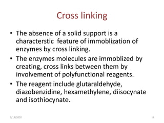 Cross linking
• The absence of a solid support is a
characterstic feature of immoblization of
enzymes by cross linking.
• The enzymes molecules are immoblized by
creating, cross links between them by
involvement of polyfunctional reagents.
• The reagent include glutaraldehyde,
diazobenzidine, hexamethylene, diisocynate
and isothiocynate.
5/13/2020 16
 