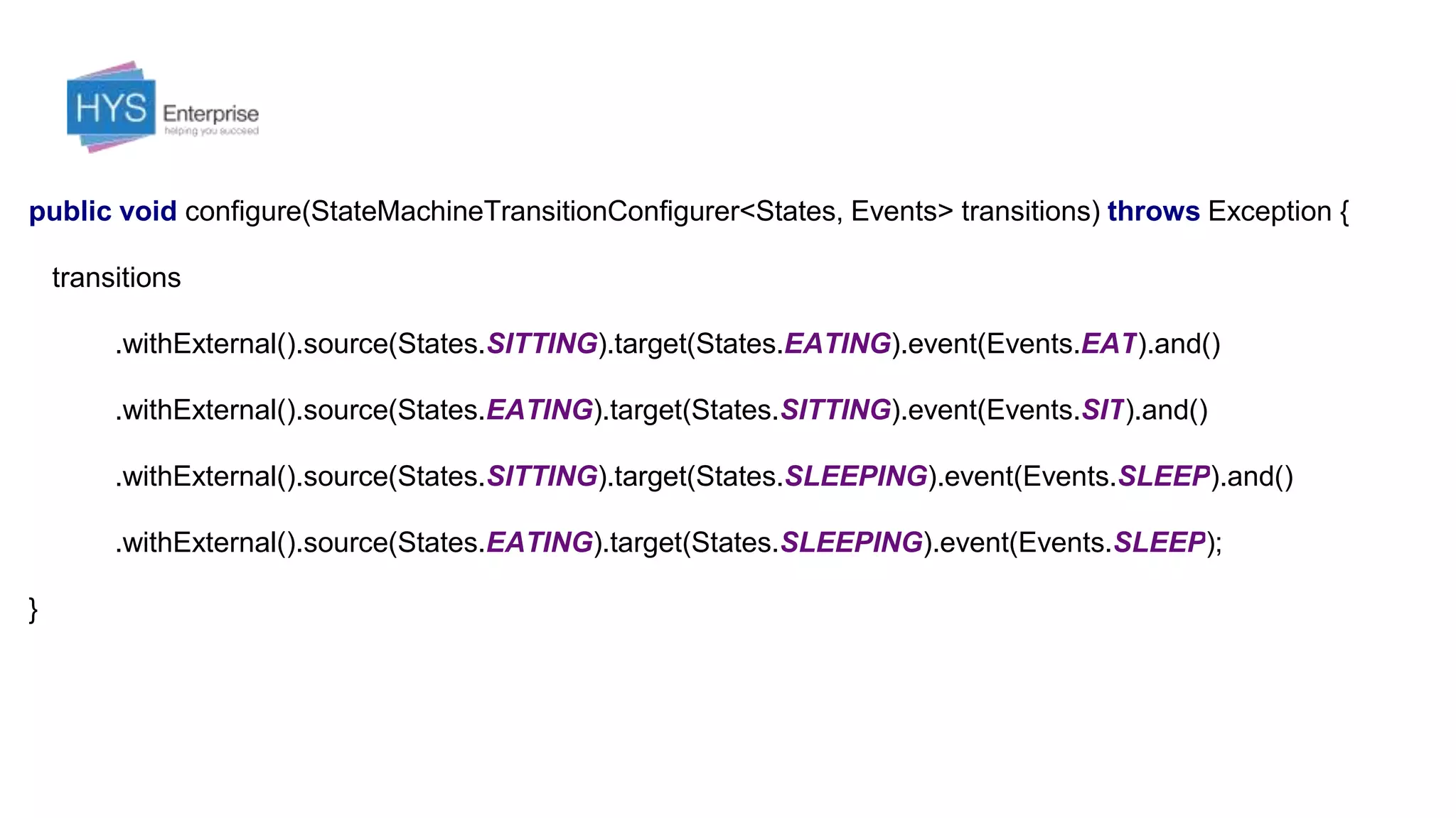 public void configure(StateMachineTransitionConfigurer<States, Events> transitions) throws Exception {
transitions
.withExternal().source(States.SITTING).target(States.EATING).event(Events.EAT).and()
.withExternal().source(States.EATING).target(States.SITTING).event(Events.SIT).and()
.withExternal().source(States.SITTING).target(States.SLEEPING).event(Events.SLEEP).and()
.withExternal().source(States.EATING).target(States.SLEEPING).event(Events.SLEEP);
}
 