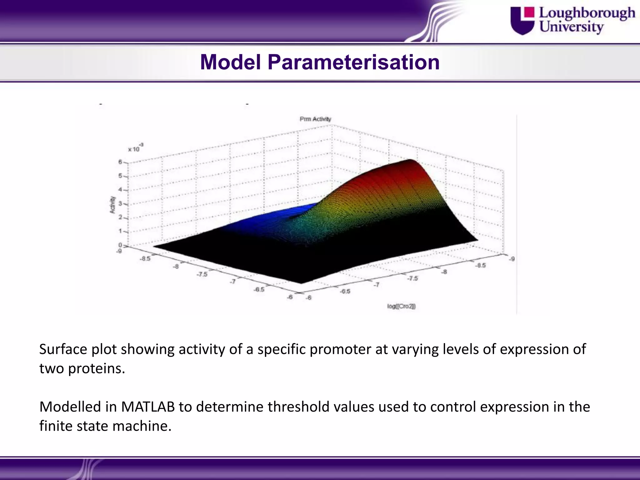 Model Parameterisation




Surface plot showing activity of a specific promoter at varying levels of expression of
two proteins.

Modelled in MATLAB to determine threshold values used to control expression in the
finite state machine.
 