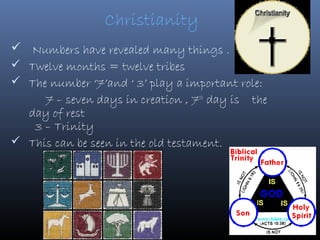 Christianity
 Numbers have revealed many things .
 Twelve months = twelve tribes
 The number ‘7’and ‘ 3’ play a important role:
     7 – seven days in creation , 7th day is the
  day of rest
   3 – Trinity
 This can be seen in the old testament.
 