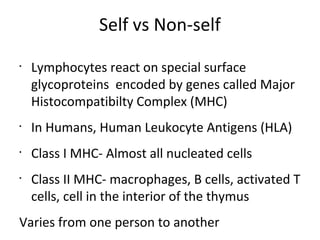 Self vs Non-self
•
Lymphocytes react on special surface
glycoproteins encoded by genes called Major
Histocompatibilty Complex (MHC)
•
In Humans, Human Leukocyte Antigens (HLA)
•
Class I MHC- Almost all nucleated cells
•
Class II MHC- macrophages, B cells, activated T
cells, cell in the interior of the thymus
Varies from one person to another
 
