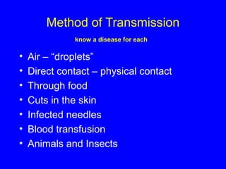 Method of Transmission
know a disease for each
• Air – “droplets”
• Direct contact – physical contact
• Through food
• Cuts in the skin
• Infected needles
• Blood transfusion
• Animals and Insects
 
