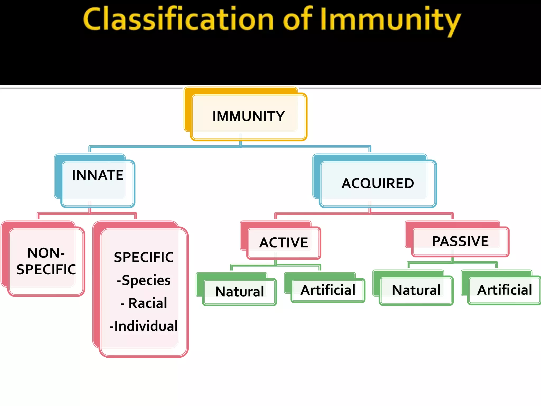 IMMUNITY 
INNATE 
NON-SPECIFIC 
SPECIFIC 
-Species 
- Racial 
-Individual 
ACQUIRED 
ACTIVE 
Natural Artificial 
PASSIVE 
Natural Artificial 
 