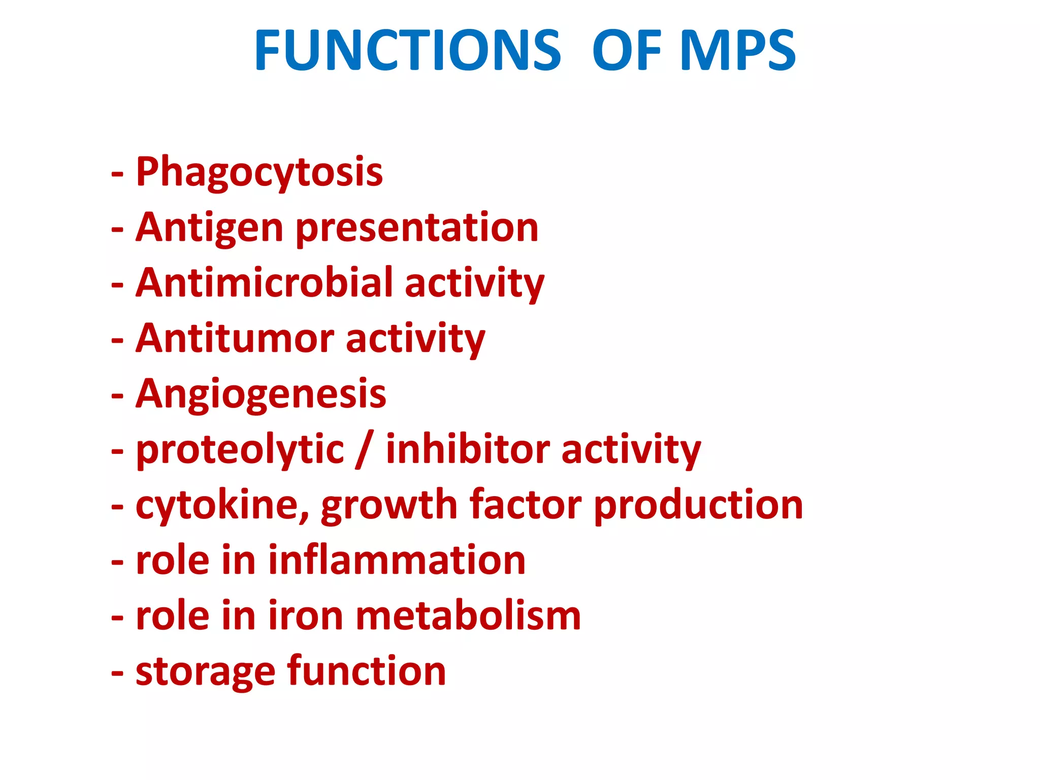 FUNCTIONS OF MPS 
- Phagocytosis 
- Antigen presentation 
- Antimicrobial activity 
- Antitumor activity 
- Angiogenesis 
- proteolytic / inhibitor activity 
- cytokine, growth factor production 
- role in inflammation 
- role in iron metabolism 
- storage function 
 