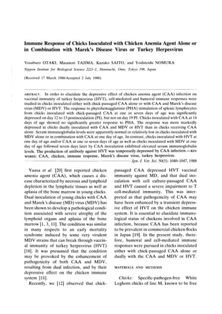 Immune Response Of Chicks Inoculated With Caa Alone Or Combinationwith Mdv