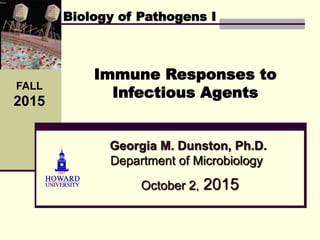 Georgia M. Dunston, Ph.D.
Department of Microbiology
October 2, 2015
Immune Responses to
Infectious Agents
FALL
2015
Biology of Pathogens I
 