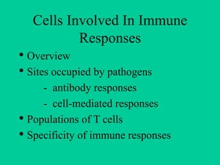 Cells Involved In Immune
Responses
• Overview
• Sites occupied by pathogens
- antibody responses
- cell-mediated responses
• Populations of T cells
• Specificity of immune responses
 
