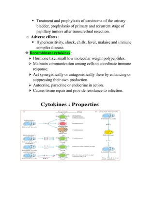  Treatment and prophylaxis of carcinoma of the urinary
bladder, prophylaxis of primary and recurrent stage of
papillary tumors after transurethral resection.
o Adverse effects :
 Hypersensitivity, shock, chills, fever, malaise and immune
complex disease.
 Recombinant cytokines :
 Hormone like, small low molecular weight polypeptides.
 Maintain communication among cells to coordinate immune
response.
 Act synergistically or antagonistically there by enhancing or
suppressing their own production.
 Autocrine, paracrine or endocrine in action.
 Causes tissue repair and provide resistance to infection.
 