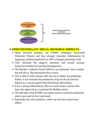  IMMUNOSTIMULANT DRUGS- MICROBIAL PRPDUCTS :
 Many bacterial products are PAMPs (Pathogen Associated
Molecular Pattern) and they strongly stimulate inflammation by
triggering cytokine production in APCs (Antigen presenting Cell).
 They stimulate the adaptive immunity and overall increase
leukocytes number by boosting hematopoiesis.
 The Bacillus Calmette-Guerin (BCG) is an attenuated (less virulent,
but still alive) Mycobacterium bovis strain.
 This is able to infect human cells, but not to induce any pathology.
Rather, it can stimulate the production of Igs by B-cell and thus
behave as a vaccine against Mycobacterium tuberculosis.
 It has a strong inflammatory effect on some tissues, and has thus
been also approved as a treatment for bladder cancer.
 The bad side is that PAMPs can induce massive cytokine production,
which can result in fever and shock.
 Especially true with cytokines, which can also have direct toxic
effects.
 
