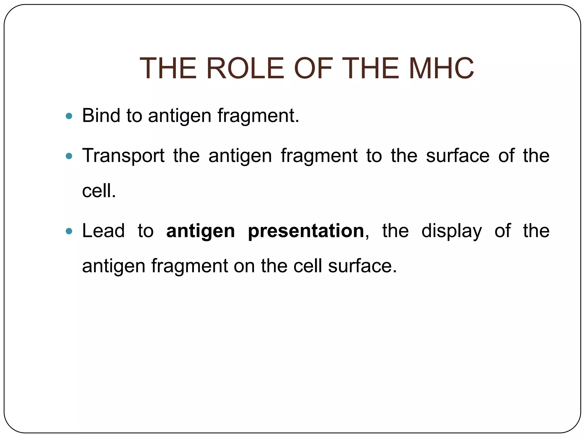 THE ROLE OF THE MHC
 Bind to antigen fragment.

 Transport the antigen fragment to the surface of the

  cell.

 Lead to antigen presentation, the display of the

  antigen fragment on the cell surface.
 