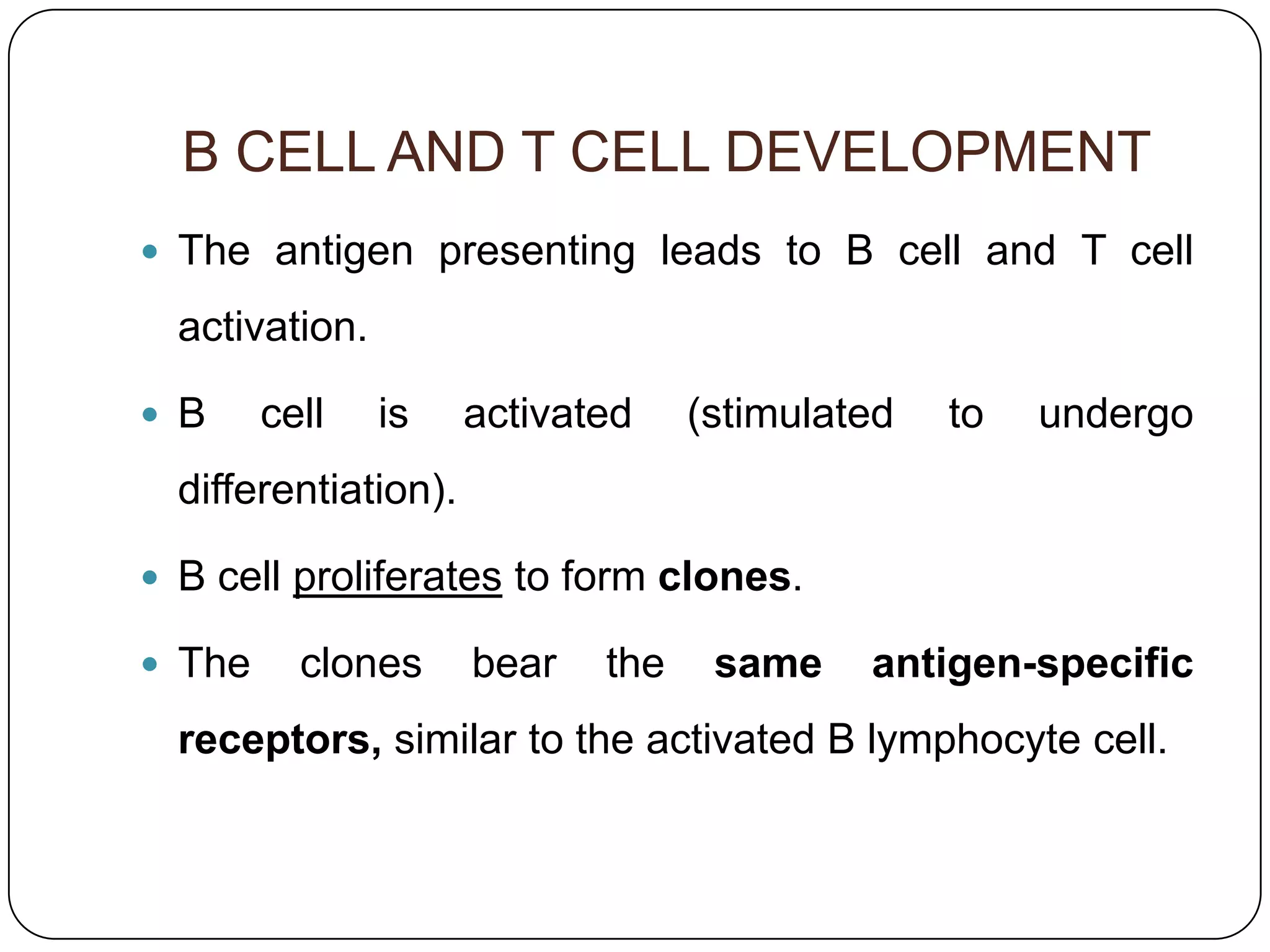 B CELL AND T CELL DEVELOPMENT
 The antigen presenting leads to B cell and T cell

  activation.

 B     cell    is    activated    (stimulated   to   undergo
  differentiation).

 B cell proliferates to form clones.

 The     clones      bear   the    same    antigen-specific
  receptors, similar to the activated B lymphocyte cell.
 