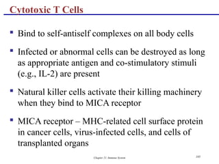 Chapter 21, Immune System 105
 Bind to self-antiself complexes on all body cells
 Infected or abnormal cells can be destroyed as long
as appropriate antigen and co-stimulatory stimuli
(e.g., IL-2) are present
 Natural killer cells activate their killing machinery
when they bind to MICA receptor
 MICA receptor – MHC-related cell surface protein
in cancer cells, virus-infected cells, and cells of
transplanted organs
Cytotoxic T Cells
 