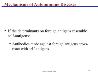 Chapter 21, Immune System 122
 If the determinants on foreign antigens resemble
self-antigens:
 Antibodies made against foreign antigens cross-
react with self-antigens
Mechanisms of Autoimmune Diseases
 