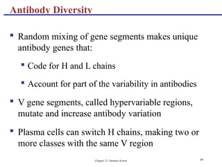 Chapter 21, Immune System 68
 Random mixing of gene segments makes unique
antibody genes that:
 Code for H and L chains
 Account for part of the variability in antibodies
 V gene segments, called hypervariable regions,
mutate and increase antibody variation
 Plasma cells can switch H chains, making two or
more classes with the same V region
Antibody Diversity
 