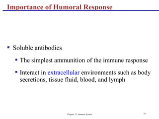 Chapter 21, Immune System 78
 Soluble antibodies
 The simplest ammunition of the immune response
 Interact in extracellular environments such as body
secretions, tissue fluid, blood, and lymph
Importance of Humoral Response
 