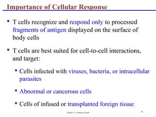 Chapter 21, Immune System 79
 T cells recognize and respond only to processed
fragments of antigen displayed on the surface of
body cells
 T cells are best suited for cell-to-cell interactions,
and target:
 Cells infected with viruses, bacteria, or intracellular
parasites
 Abnormal or cancerous cells
 Cells of infused or transplanted foreign tissue
Importance of Cellular Response
 
