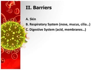 II. Barriers

A. Skin
B. Respiratory System (nose, mucus, cilia…)
C. Digestive System (acid, membranes…)
 
