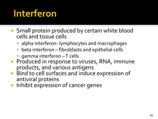    Small protein produced by certain white blood
    cells and tissue cells
     alpha interferon- lymphocytes and macrophages
     beta interferon – fibroblasts and epithelial cells
     gamma interferon – T cells
 Produced in response to viruses, RNA, immune
  products, and various antigens
 Bind to cell surfaces and induce expression of
  antiviral proteins
 Inhibit expression of cancer genes




                                                           40
 